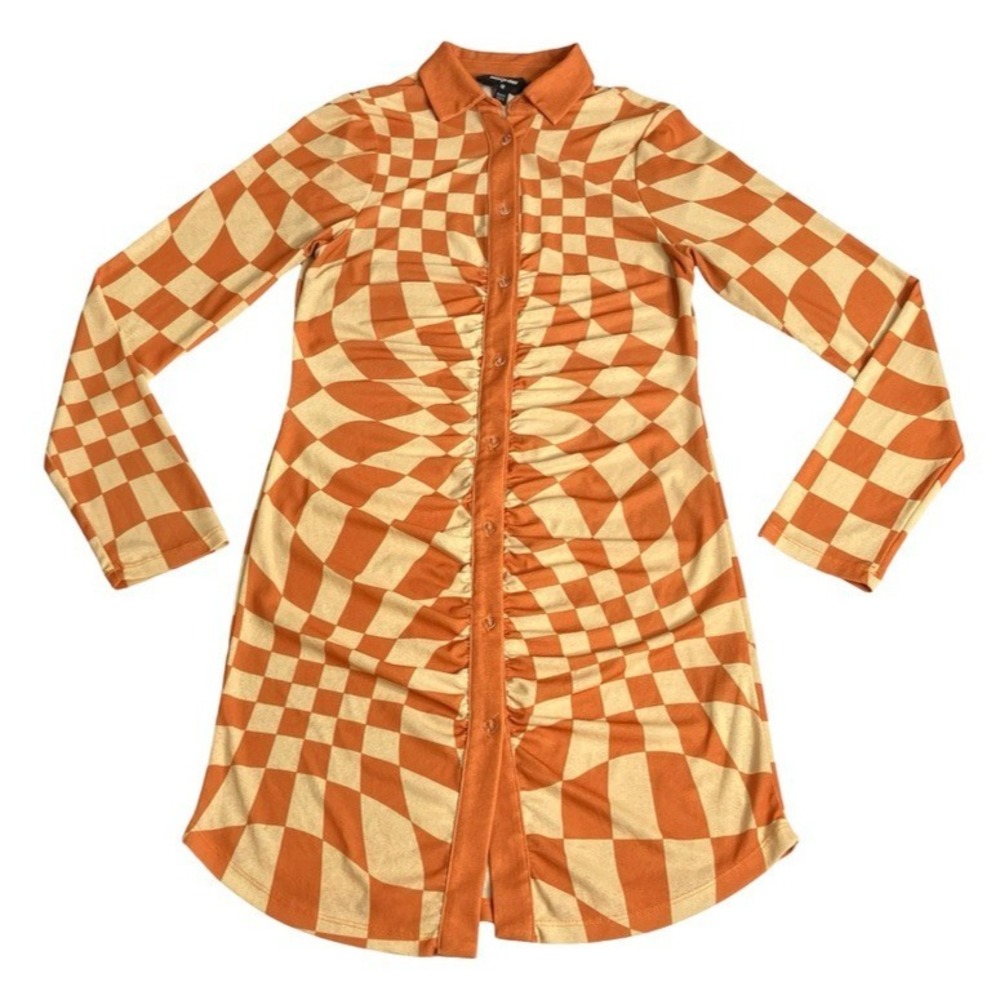 NGOrder Warped Checkerboard Mini Dress Women 12 Orange Y2K Psychedelic Mod Retro